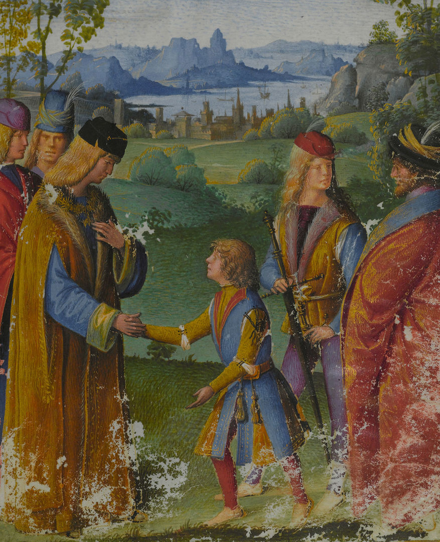 Painting of Massimiliano Sforza welcoming his god father Maximilian during his visit to Italy set against a green landscape with mountains in the distance